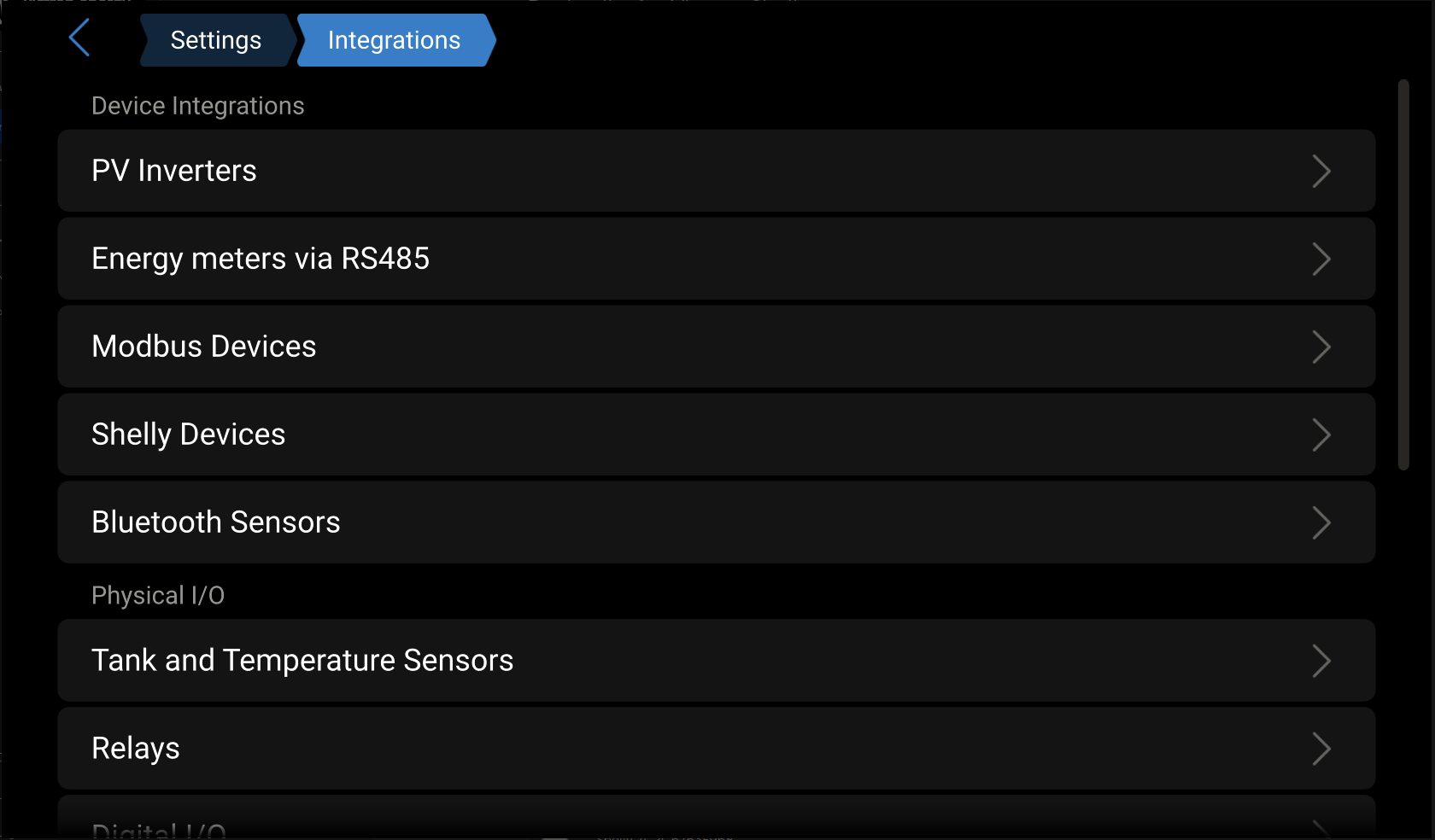 Venus OS integrations menu showing Shelly Devices