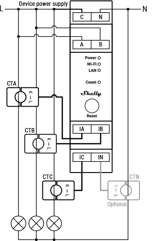 Shelly Pro 3EM yksivaiheinen kytkentäkaavio