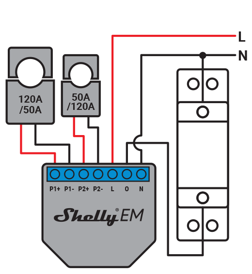 Shelly EM - Modul contatore energia Wi-Fi+pinza contatto 50A