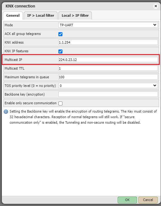 Multicast settings on Schneider Electric Wiser for KNX