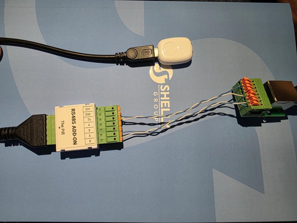 The Pill with Modbus RS485 Add-on wired to the Venus E RJ45 connector