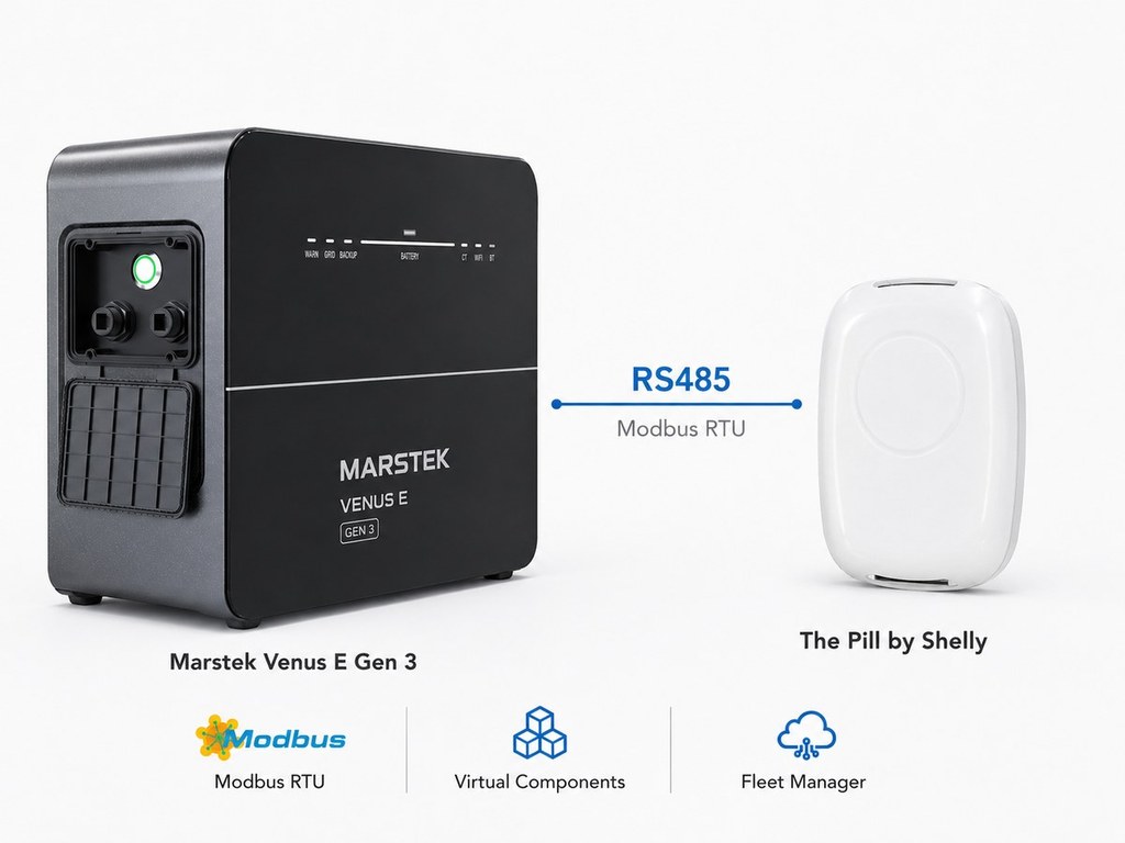 Marstek Venus E Gen 3 connected to The Pill by Shelly over RS485 Modbus RTU, with Virtual Components and Fleet Manager