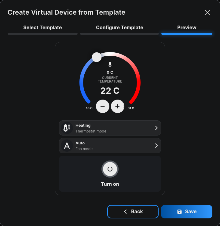 Preview of the completed INNOVA AirLeaf thermostat Virtual Device.