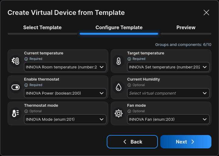 Map the INNOVA Virtual Components to the Thermostat template.